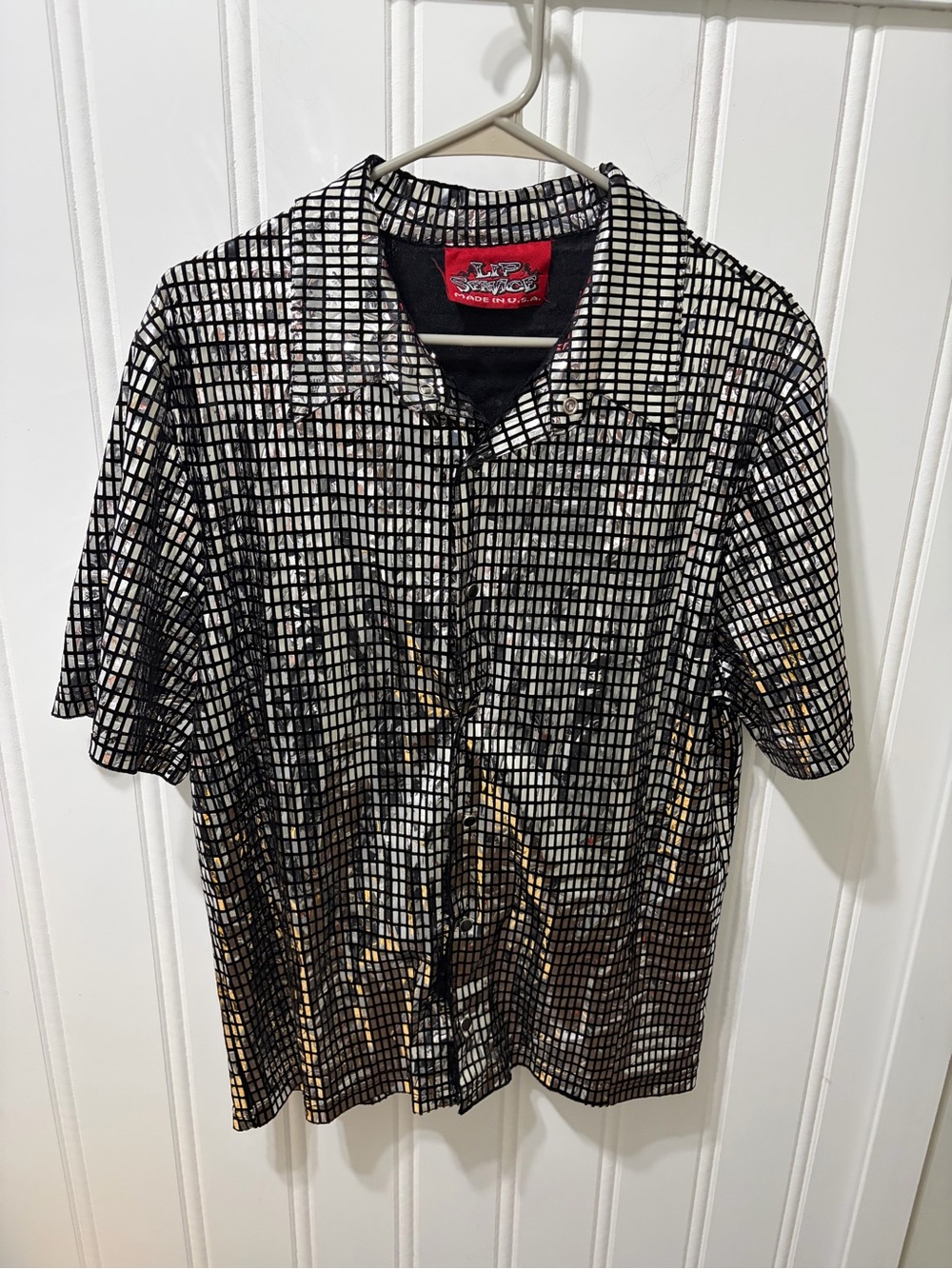 VTG Lip Service Silver Mirror Tile Disco Shirt Large Rave Cyber Goth 61-62-G-HT